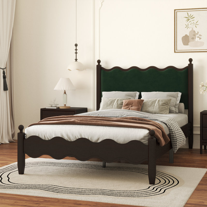 Ines Wood Bed Frame with Upholstered Headboard - Velvet Upholstery, Full / Double, Green