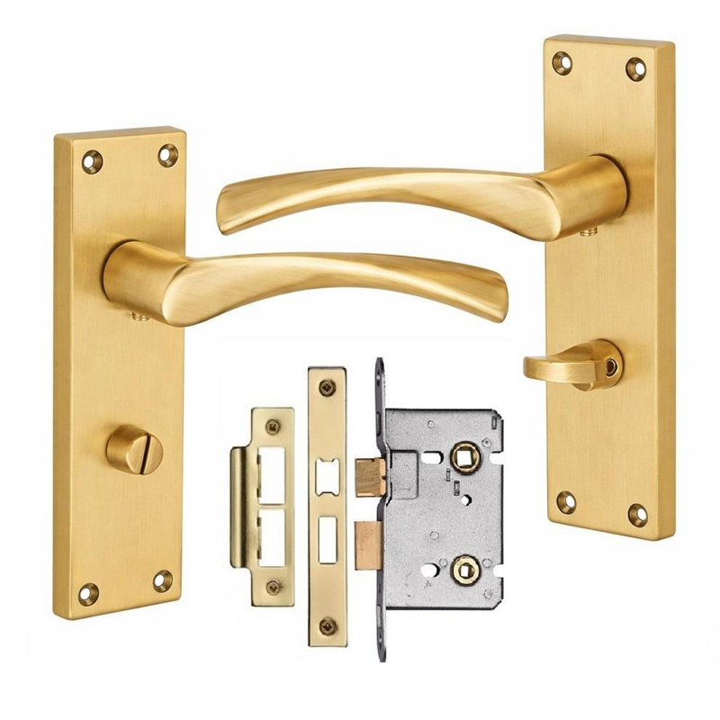 Golden Grace Victorian Design Astrid Bathroom Handle on Backplate Satin Brass Finish with Bathroom Mortise Lock - 150mm x 40mm