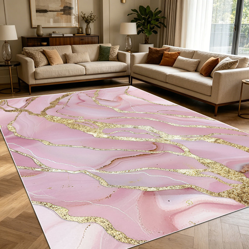 1PC Pink Gold Glitter Veined Marble Abstract Alcohol Ink area rugs for Living Room, Soft and Comfortable, Suitable for all seasons, easy-to-maintain, machine washable Indoor floor mat, Under Table Farmhouse suitable for dining room, bedroom,
