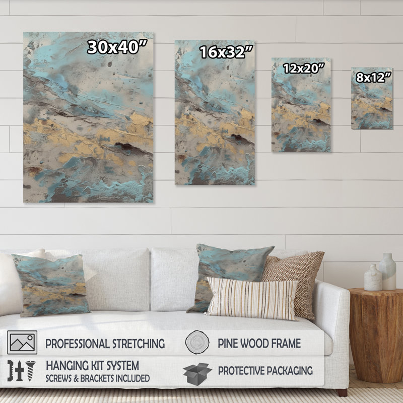 Beige bleu marbré art encadré II, reproduction d'art sur toile, H 32 po x l 16 po x P 1 po, Toile tendue