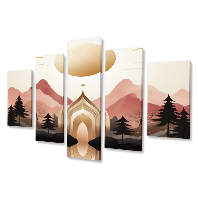 Portail de montagne Golden Moon Forest - paysage abstrait, art mural 5 pièces, H 32 po x l 60 po