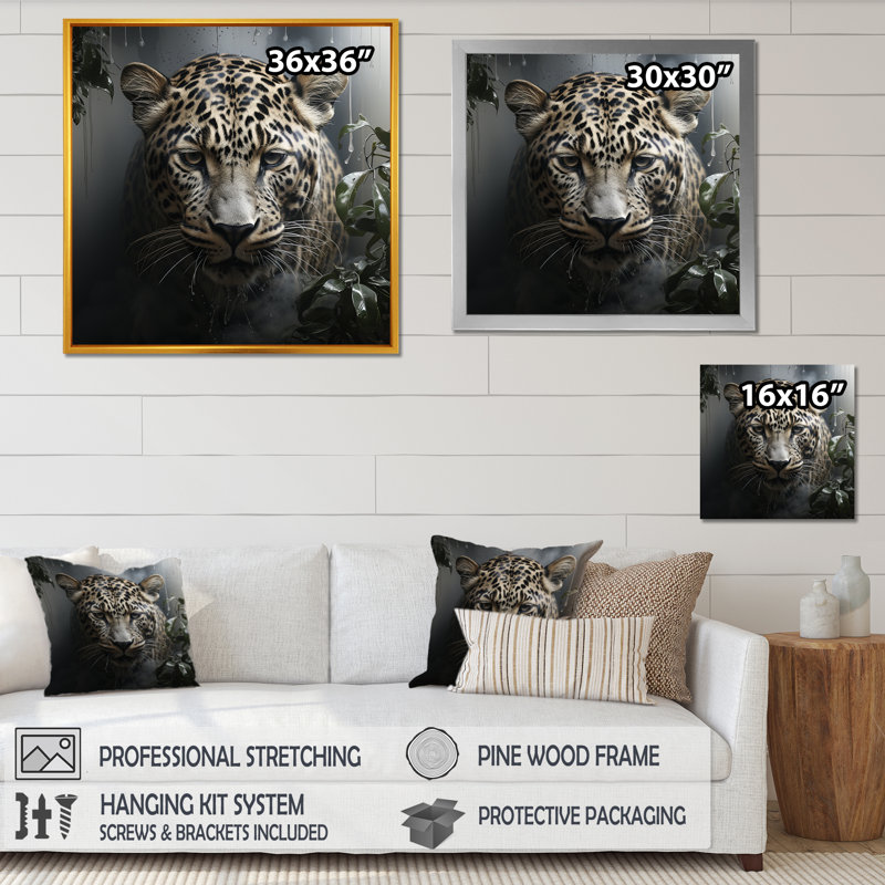 Portrait de léopard gris majestueux I - art mural léopard / guépard, Cadre flottant doré, H 36 po x l 36 po x P 1,5 po
