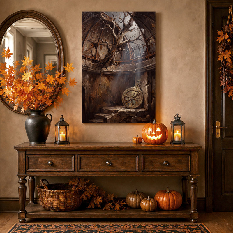 Arbre noueux dans un dôme en ruine avec boussole - Toile murale d'Halloween, 24"H x 18"W