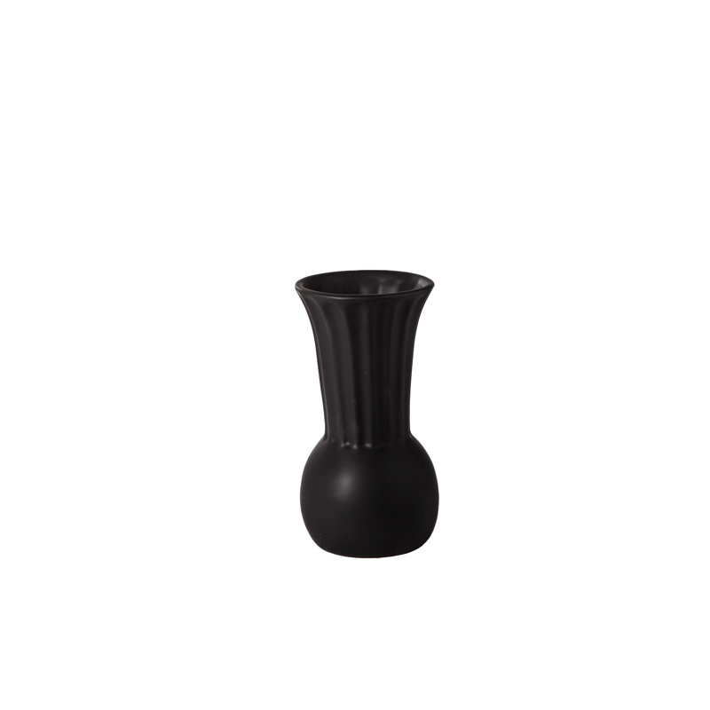 Ceramic Round Bellied Vase with Trumpet Mouth in Embossed Column Design LG Matte Finish Black.., 4" H x 4" W x 8" D