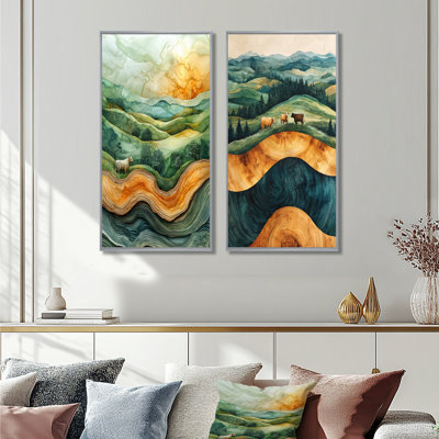 Cows Into A Summer Field Landscape I - Collection d'animaux sur toile 2 panneaux