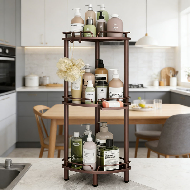 Serviteur de douche en coin autoportant avec 3 tablettes antirouille, pieds réglables, porte-savon et crochets - Organisateur de rangement de salle de bain peu encombrant pour la douche et la baignoire
