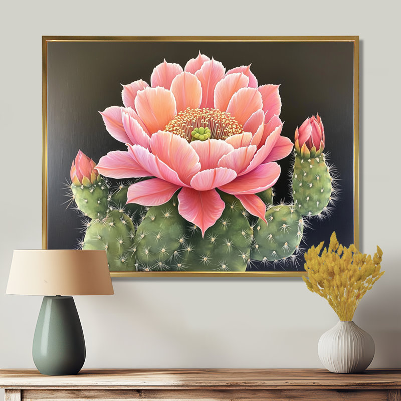 Cactus rose en fleurs dans le désert de Mojave - impression d'art mural cactus floral, H 12 po x l 20 po, Doré