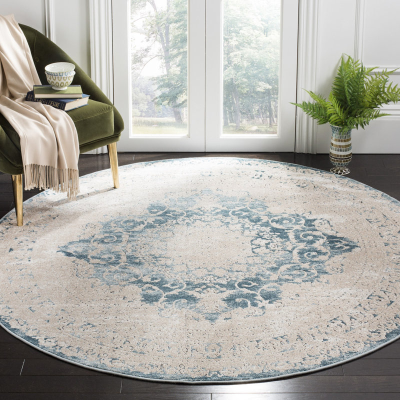 Tapis oriental en viscose bleu / beige Prager, Rond 6 pi 7 po x 6 pi 7 po