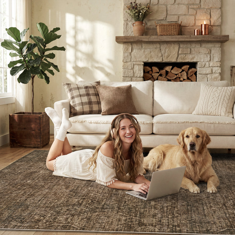 Soft Washable Vintage Distressed Brown Area Rug with Non-Slip Backing , Rectangle 5' x 7', Brown