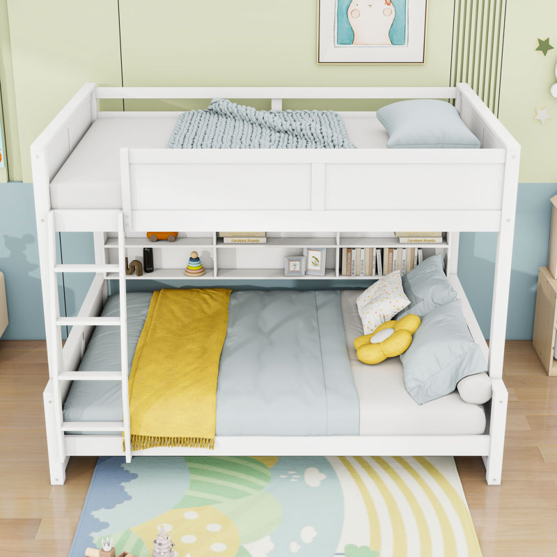 Lit superposé en bois avec tablettes, station de charge USB et prise, Blanc antique, Double TG sur grand