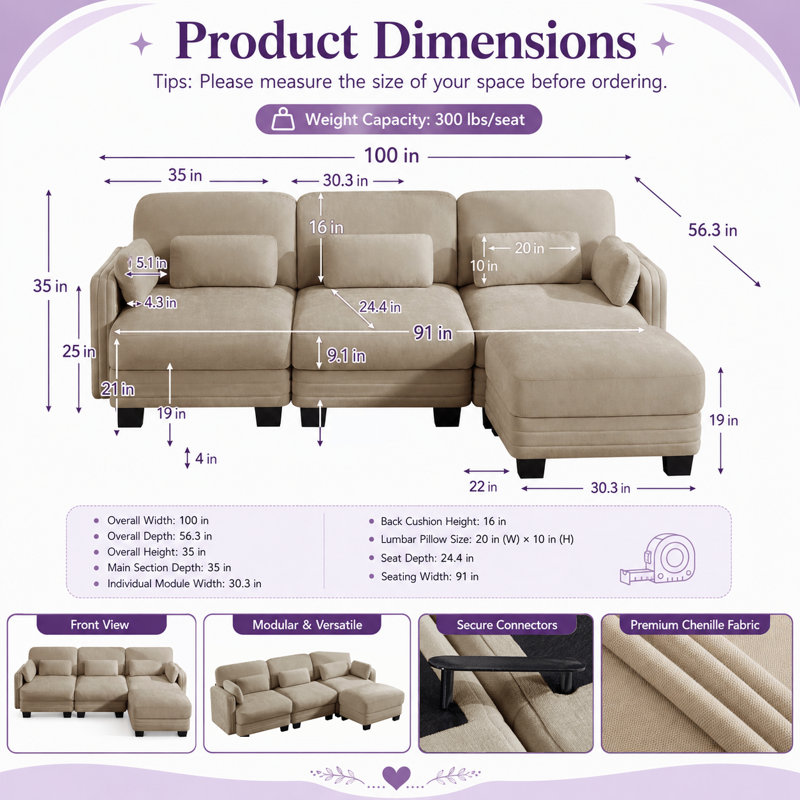Canapé d'angle 3 places Channell en forme de L, capitonné, avec pouf amovible, style moderne et minimaliste, revêtement en chenille, mousse haute résilience, assise matelassée