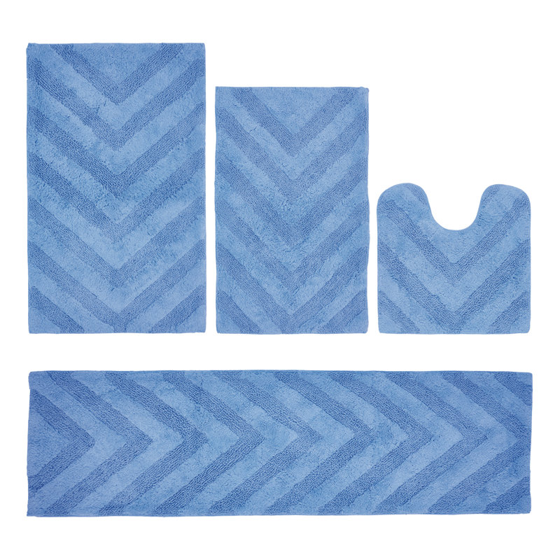 Hugo Premium 100% Cotton 4 Piece Bath Rug Sets with Non-Slip Backing, Machine Washable, Luxurious Chervon Pattern Super Absorbent & Tufted Weave Bath Mat for Bathroom, Shower, and Tub
