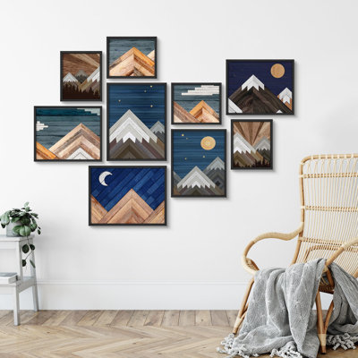 Art géométrique, montagne, géométrique, montagne, bois naturel texturé, terre naturelle, illustrations, petit décor