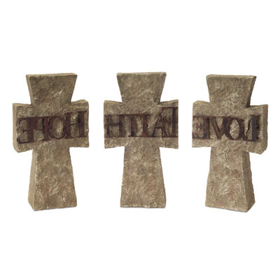 Set of Three 11" Gray Cement Cross Statue Tabletop Sculpture