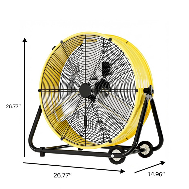 Ventilateur tambour industriel robuste Fierscial de 27 pouces, ventilateur en métal à roulement à grande vitesse de 24 pouces en tonneau intérieur, ventilateur portatif à 3 vitesses à 360 ° avec roues pour entrepôt, garage, atelier, usine, jaune