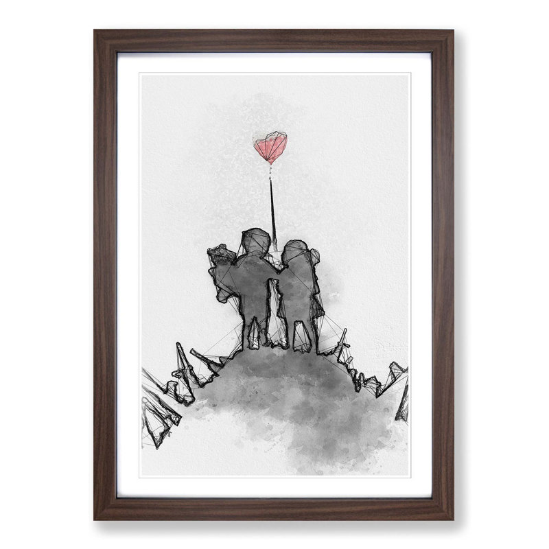 Boy & Girl with Red Balloon in Abstract - Picture Frame Painting Print on MDF, Walnut Framed, 87cm H x 62cm W x 2cm D