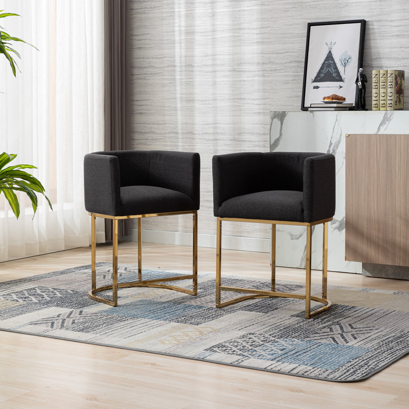 Tabourets de bar Shalon, Lin gris anthracite / cadre doré, Tabouret de bar (siège d'une hauteur de 24 po)
