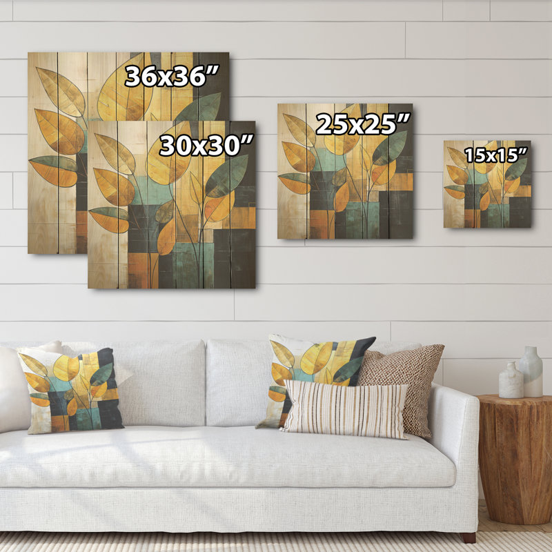 Feuillage géométrique doré - Feuilles de bois, art mural sur bois de pin naturel, H 15 po x l 15 po