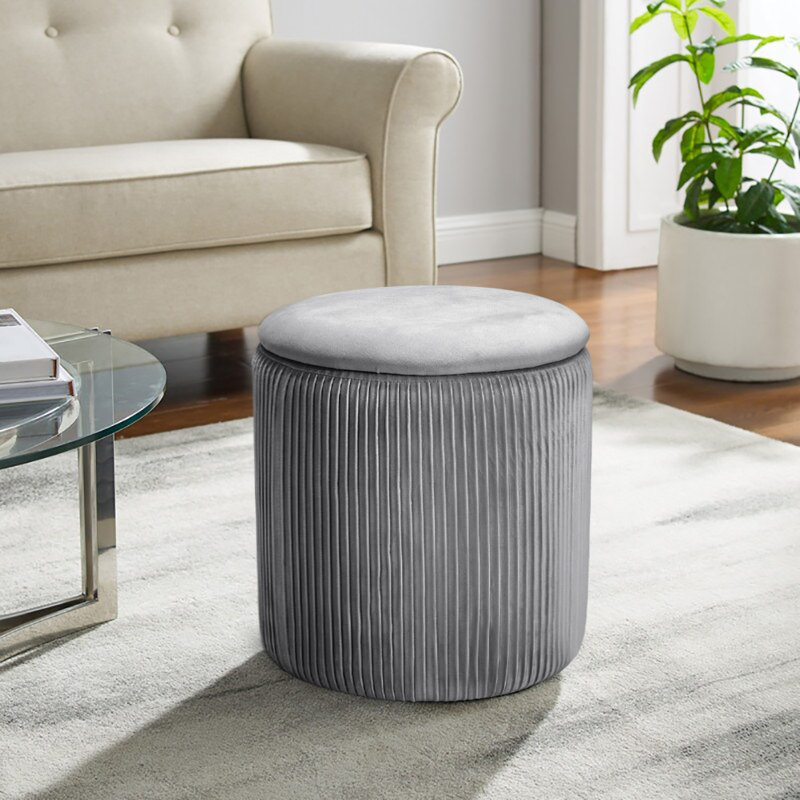 Maegan 38cm Wide Velvet Round No Pattern Ottoman with Storage, Grey