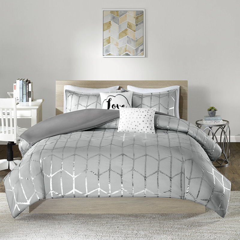 Housse de couette très élégante en microfibre à imprimé géométrique gris et argent, Gris/argent