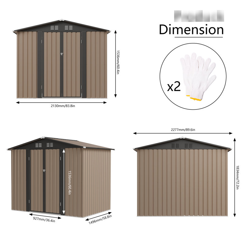 Remise de jardin 8 pi x 6 pi avec toit Apex, métal galvanisé, intempéries, rangement pour vélos et outils, procédure d'assemblage rapide des articles ménagers, processus d'installation