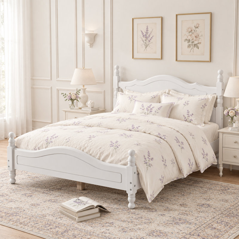 Structure de lit double en bois pleine grandeur, lit plateforme de style rétro avec support en lattes de bois, blanc, Blanc
