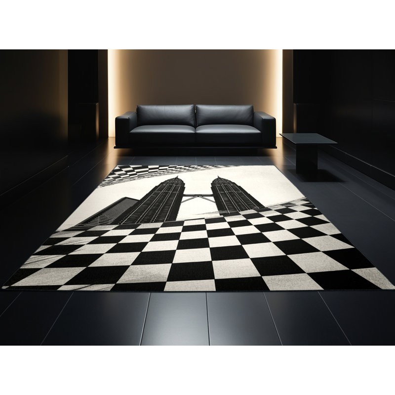 Tapis moelleux moelleux moelleux et moderne à motif de carreaux beiges et noirs de la collection Garrett Kuala Lumpur, 6 X 9