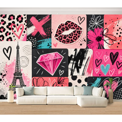 Wall Mural Peel and Stick Wallpaper hand drawn fashion girls Colourful modern teenagers graffiti elements Self-Adhesive Removable Contact Paper Wall Decor for Living Room Bedroom 100"H x 144"W