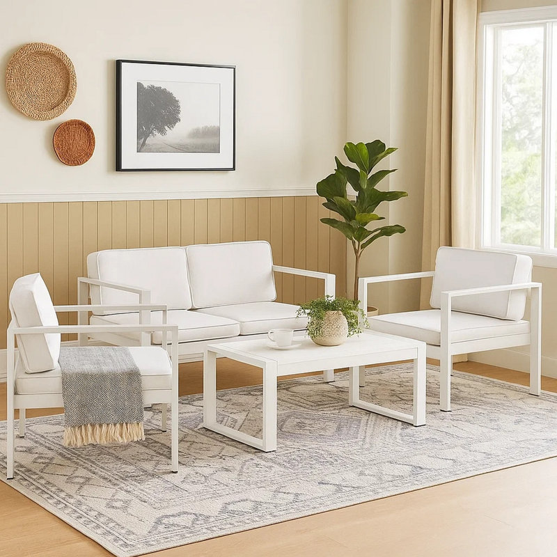 Ensemble de conversation d'extérieur en aluminium pour 10 personnes avec coussins Pangea Home Karen, Blanc / blanc