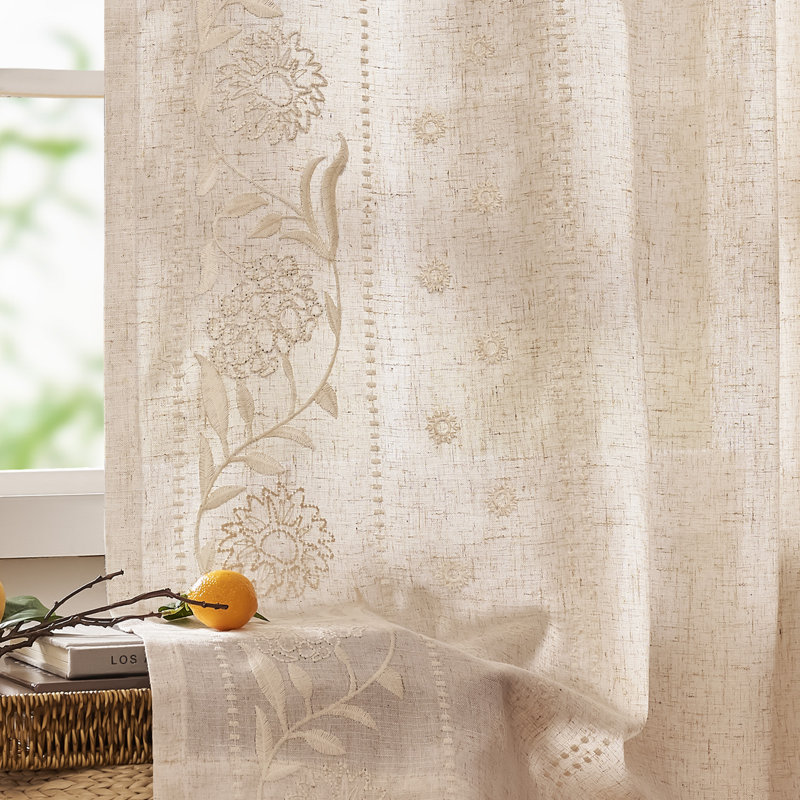 Linen Blended Semi Sheer Embroidered Floral Curtains, Ivory, 50" W x 84" L