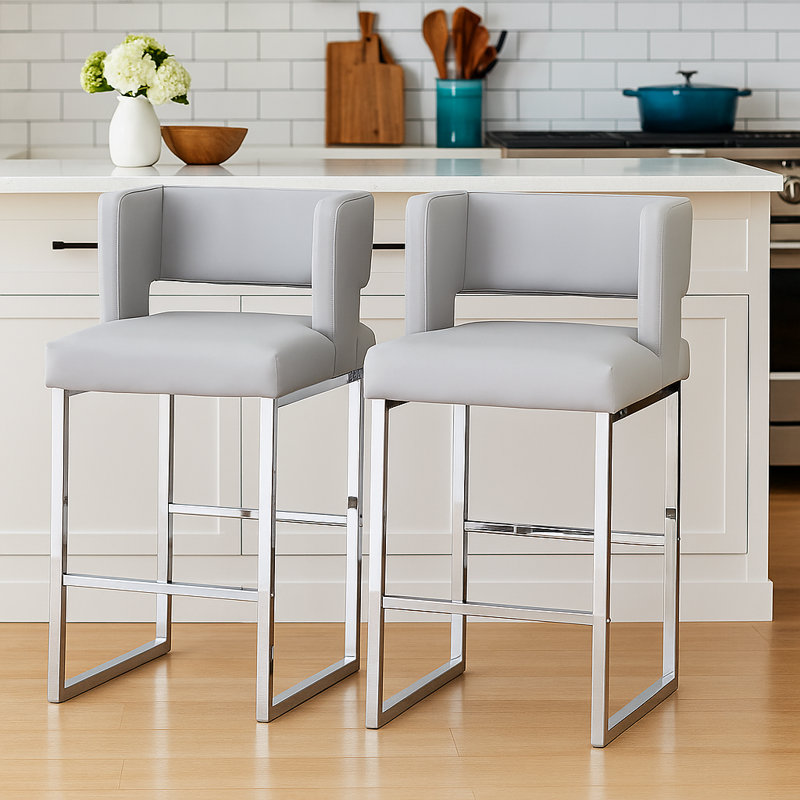 Faux Leather Upholstered Counter Bar Stool (Set of 2), Gray, Silver