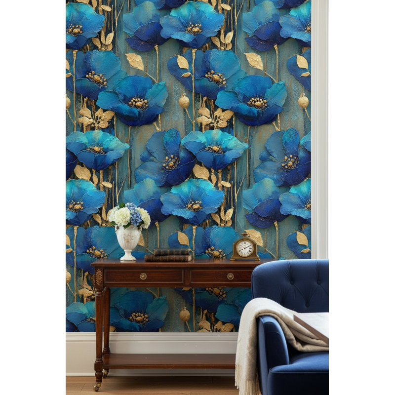 Floral Wallpaper Blue Removable Gold Wall Double Roll