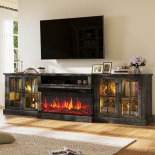 Meuble télé 98 po avec foyer électrique, grand centre de divertissement pour téléviseurs de plus de 100 po, console de télévision avec trous pour câbles, tablettes réglables et portes en verre