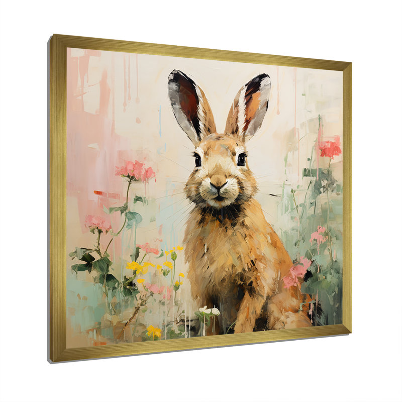 Curious floral rabbit meadow III - Lapin, art mural, H 36 po x l 36 po x P 1,5 po, Cadre doré simple