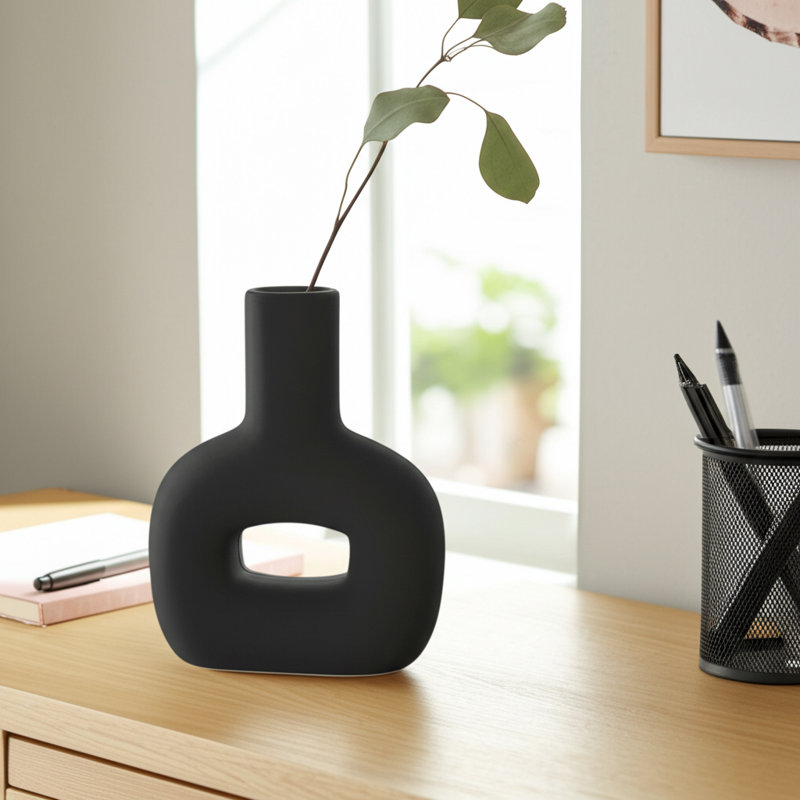 Modern Geometric Stoneware Dolomite Vase - Minimalist Decorative Accent for Contemporary Home Decor, Black