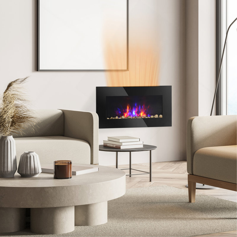 28.5" 1500W Electric Wall-Mounted Fireplace With Flame Effect, 7 Color Background Light, Black