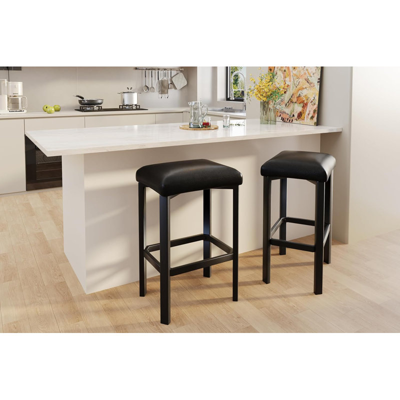 24" Bar Stools Set of 2, Counter Height, PU Leather Seat, Metal Frame, Kitchen Island, Black, Black, 2