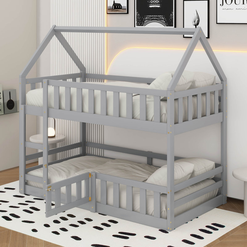 Twin Over Twin House Bunk Bed With Door And Fence, Gray