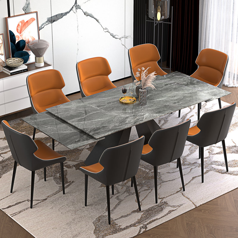  Modern Dining Table Set With 78.7''-110'' Extendable Faux Marble Top And 8 Faux Leather Dining Chairs, Orange, Italian Gray