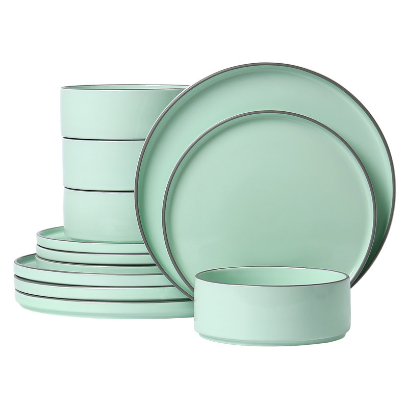 Service de table en grès 12 pièces Sleek Line - Service pour 4, Vert