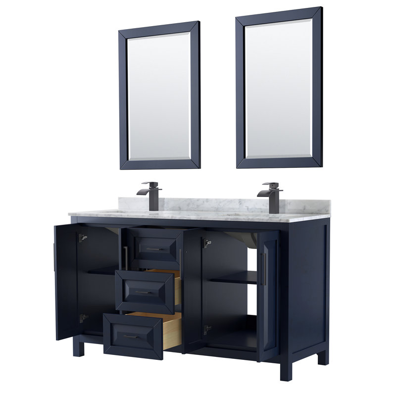 Daria 60'' W Double Vanity, Carrara Cultured Marble, Dark Blue, Brushed Gold