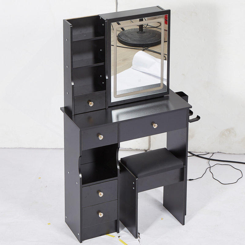 29.2" Small Size Left Drawer Desktop Vanity Table, Cushioned Stool, 2 AC+2 USB Power Station, Hair Dryer Bracket, Extra Large Touch Control Sliding LED Mirror, Tri-Color Switching, Brightness Adjust