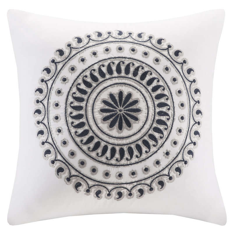Navy Embroidered Medallion Cotton Square Throw Pillow