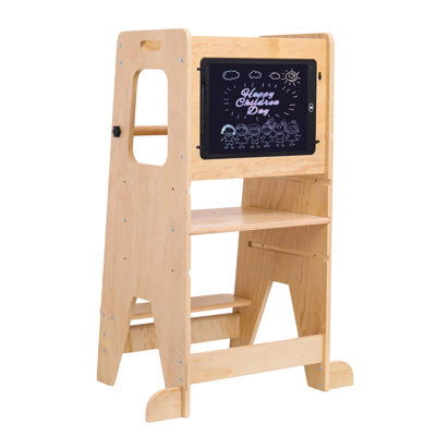 Wooden Kids  Adjustable Height & Chalkboard - Anti-Slip Safety Step Stool for Kitchen & Bathroom. Multifunctional Toddler Helper Stand. LCD colour drawing board