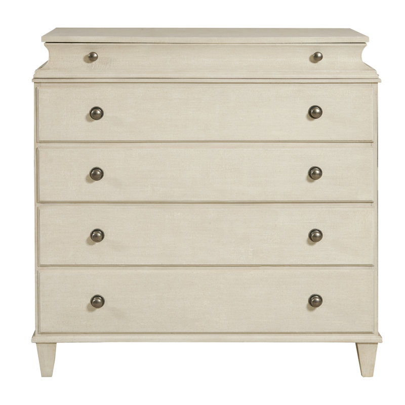 Almond Milk Faux Linen 5-Drawer Bachelor's Chest with Jewelry Tray