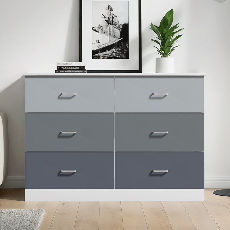 Allyannah 47" W 6-Drawer Manufactured Wood Double Dresser with Interlocking Drawers, White/Stone Gray/Cool Gray/Night Owl