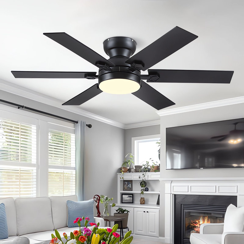 Ventilateur de plafond encastré 46 pales / 46 po à 6 pales avec lumières et télécommande Moderne 3 couleurs 6 vitesses, Noir
