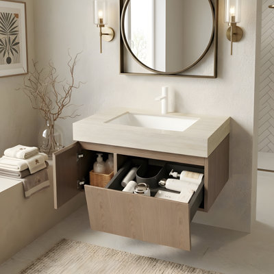 Meuble-lavabo 30 po, meuble-lavabo flottant en contreplaqué avec tiroir et porte, comptoir en pierre frittée Roma Travertine et lavabo en céramique avec 1 trou de robinet pré-percé, pré-assemblé