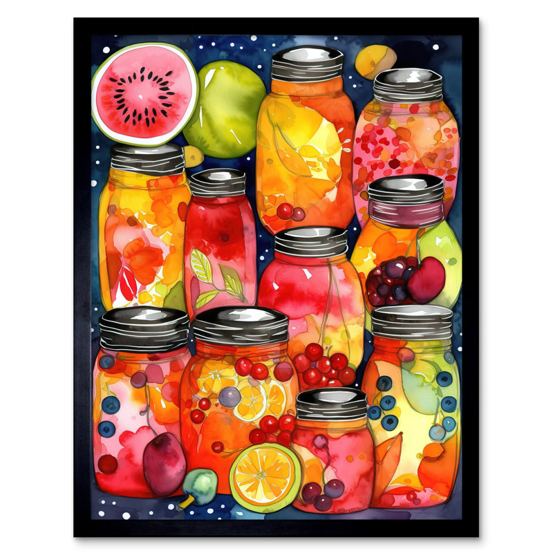 Fruit Preserves Folk Art Watercolour Painting Art Print Framed Poster Wall Decor 12x16 inch