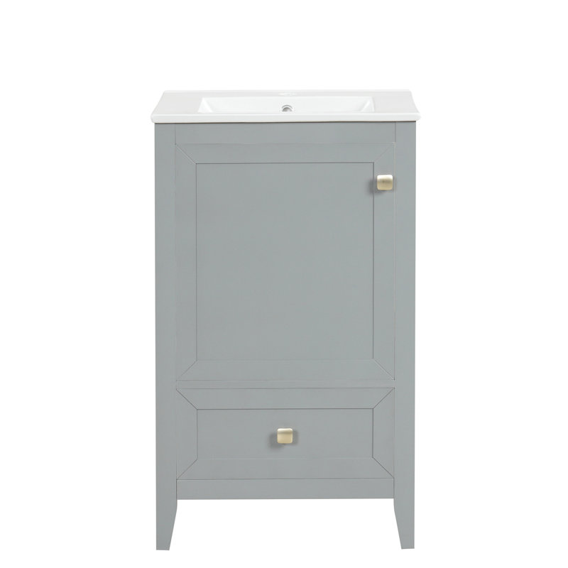 Meuble-lavabo avec lavabo gris de 20 po. Porte et rangement élégants. Et céramique. Finition à l'eau. Assemblage requis. Tiroir en céramique. Planche.